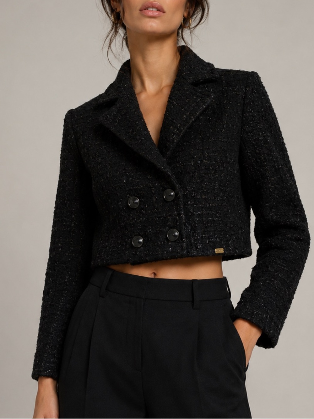Anita Voss Cropped Double-Breasted Boucle Blazer Jacket Size XS Black Metallic